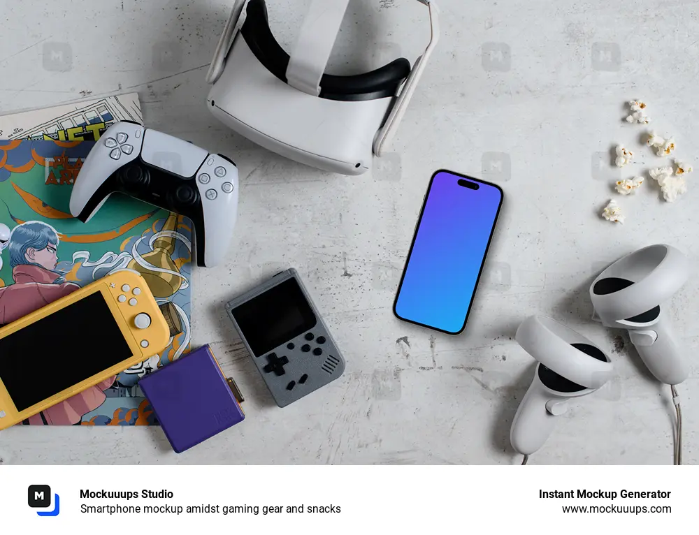 Smartphone mockup amidst gaming gear and snacks
