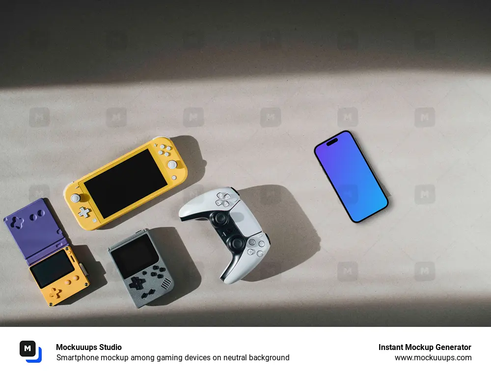 Smartphone mockup among gaming devices on neutral background