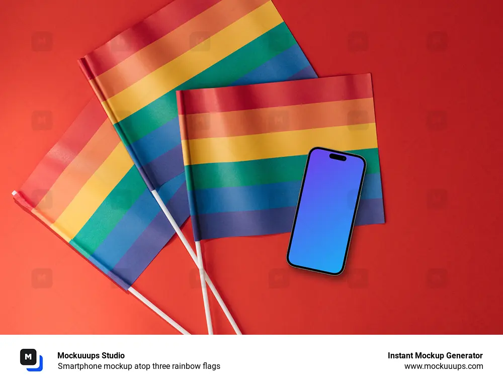 Smartphone mockup atop three rainbow flags