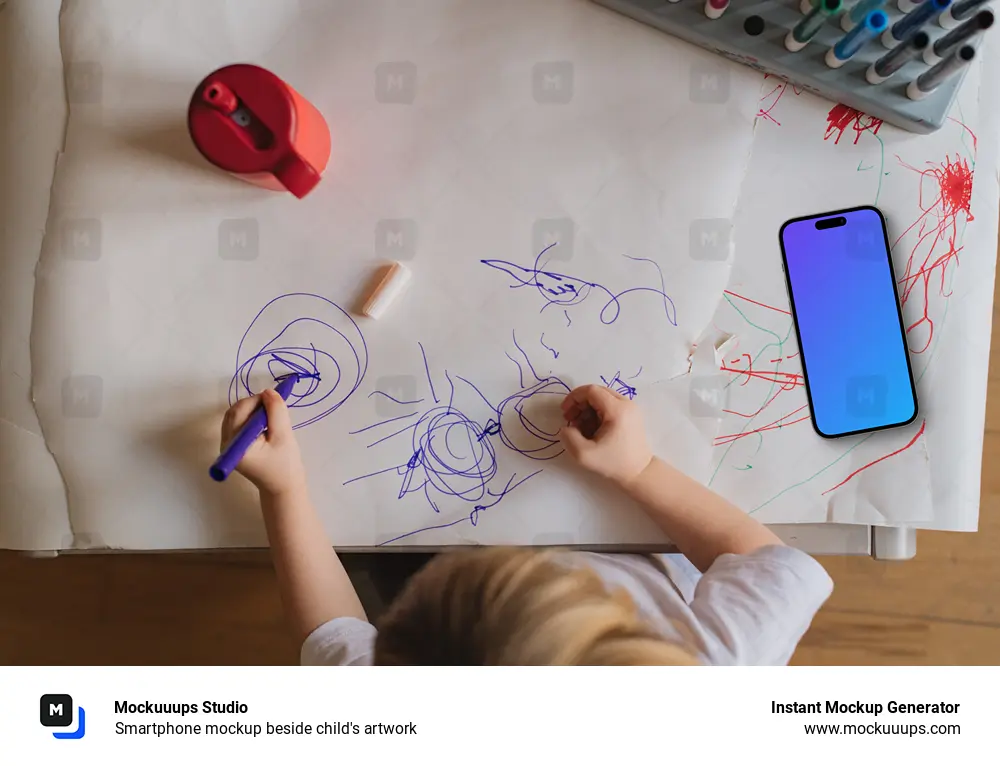 Smartphone mockup beside child's artwork