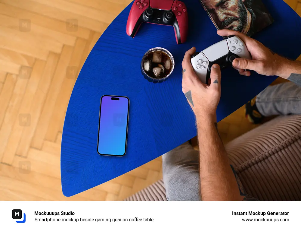 Smartphone mockup beside gaming gear on coffee table