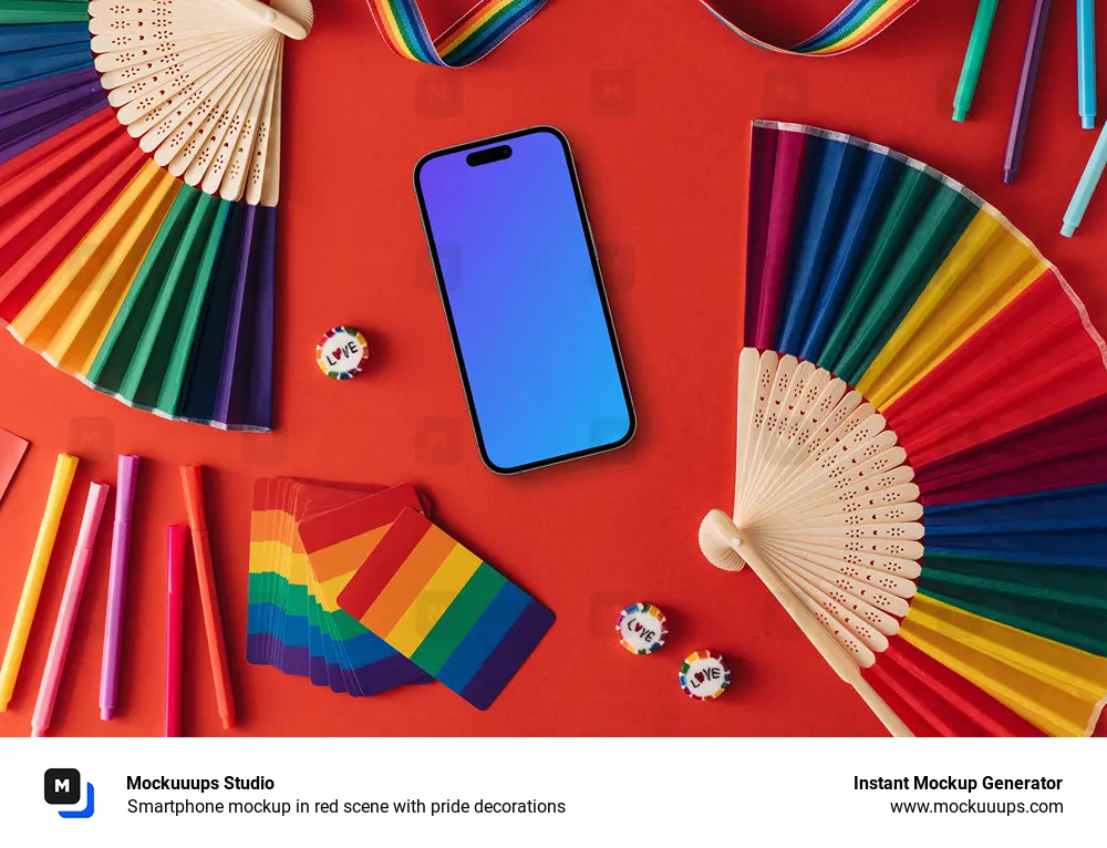 Smartphone mockup in red scene with pride decorations