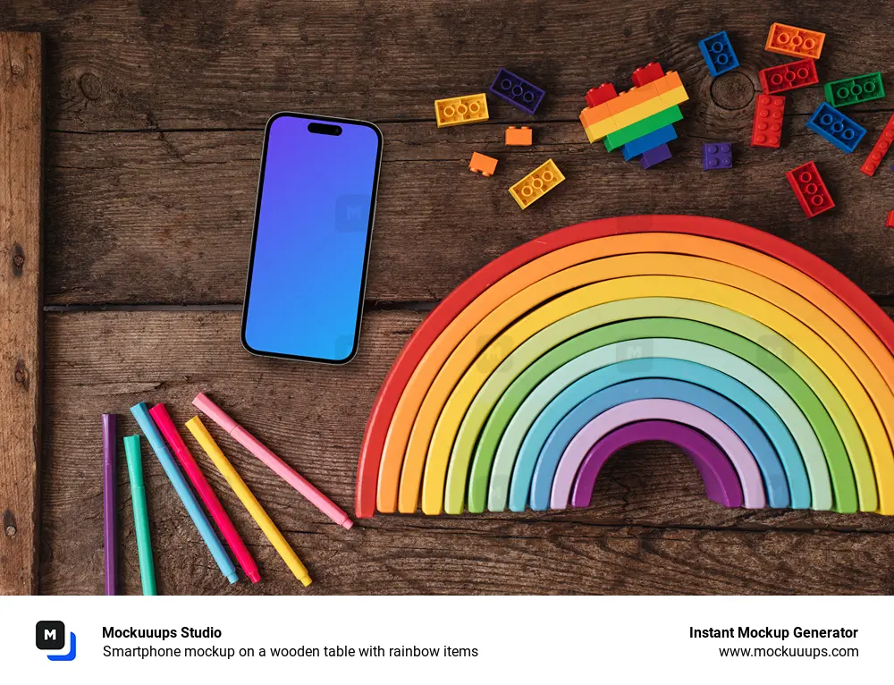 Smartphone mockup on a wooden table with rainbow items