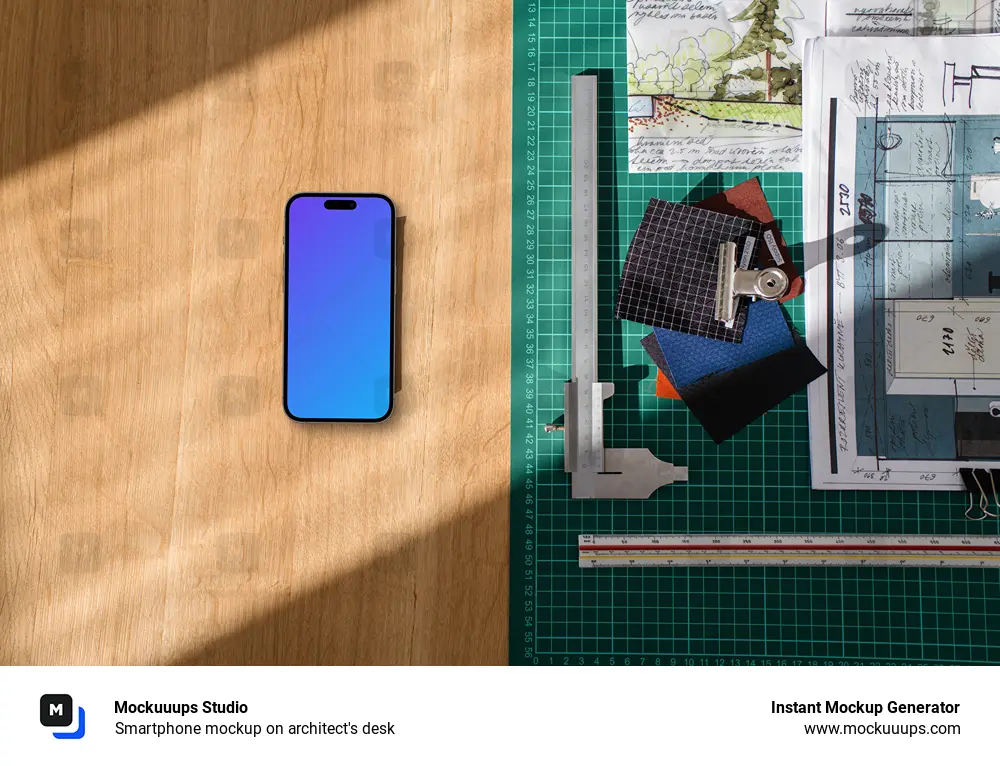 Smartphone mockup on architect's desk