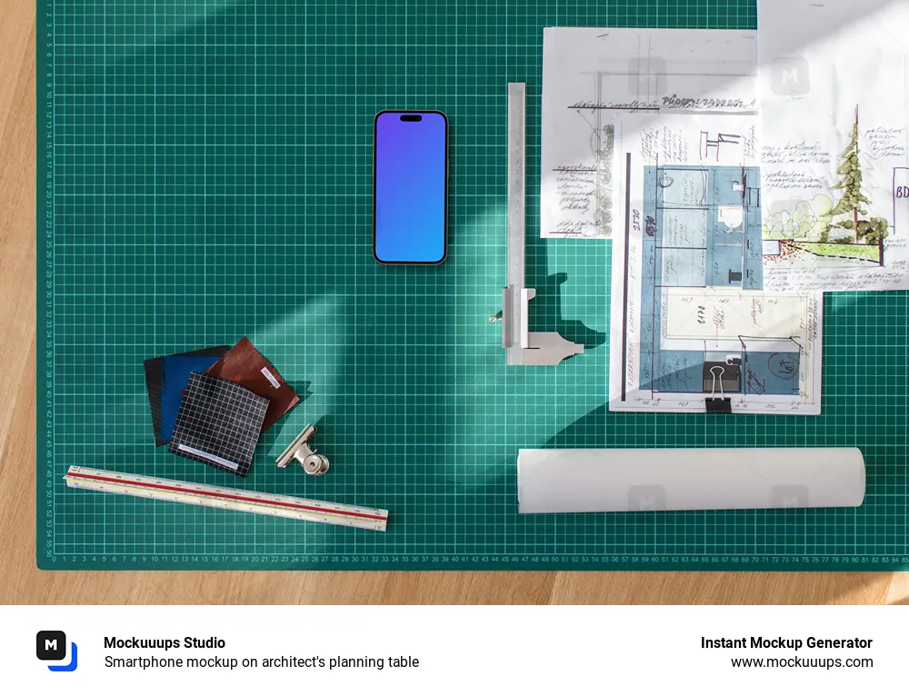 Smartphone mockup on architect's planning table