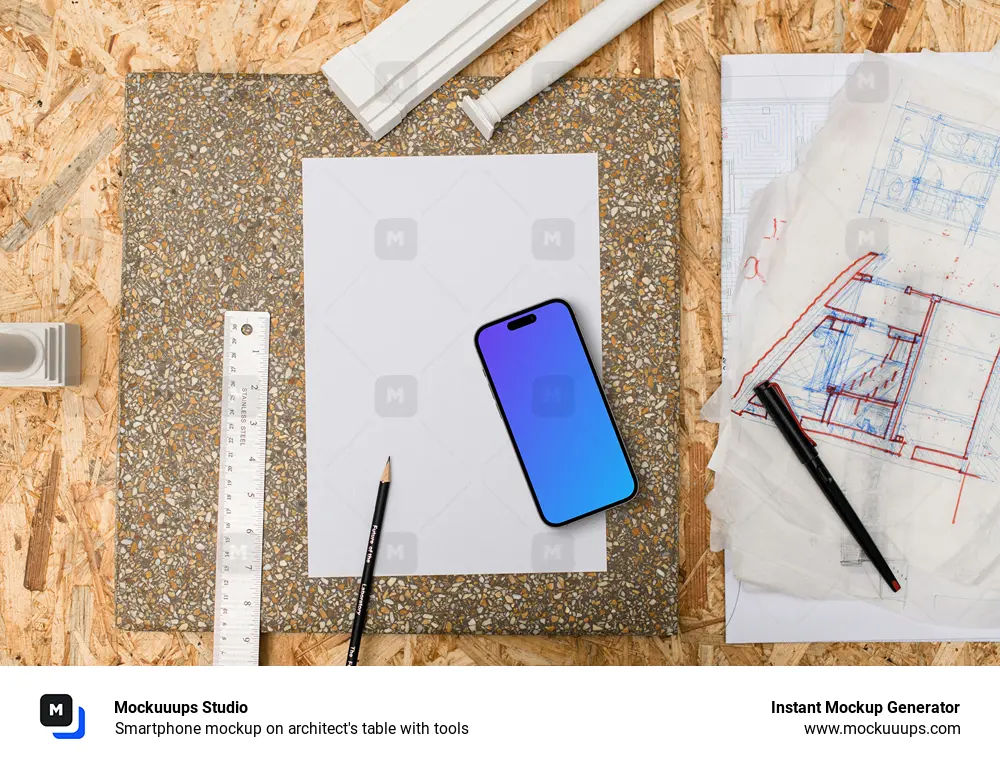 Smartphone mockup on architect's table with tools