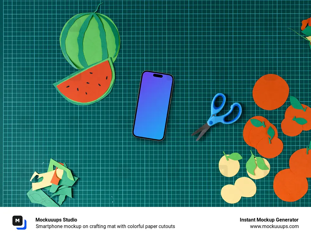 Smartphone mockup on crafting mat with colorful paper cutouts