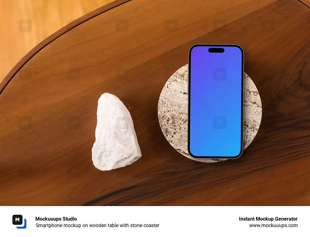 Smartphone mockup on wooden table with stone coaster