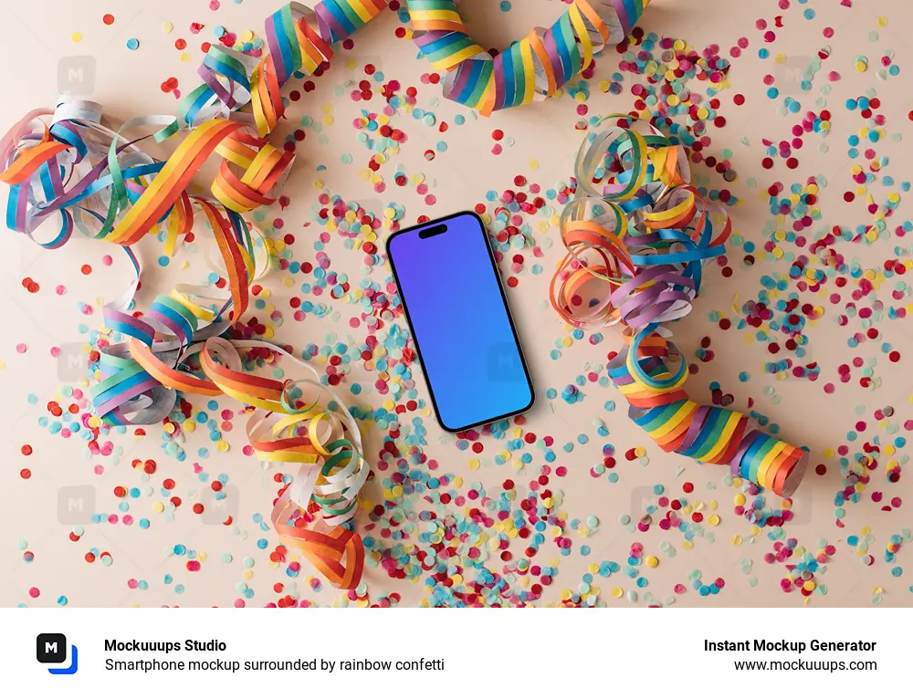 Smartphone mockup surrounded by rainbow confetti