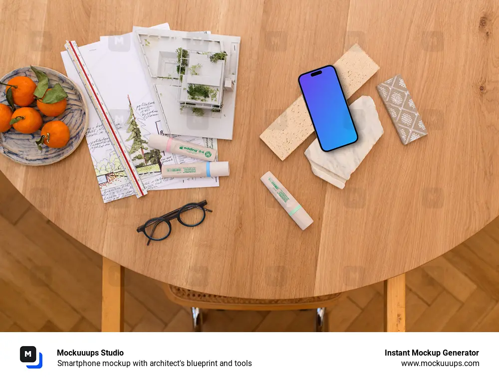 Smartphone mockup with architect's blueprint and tools