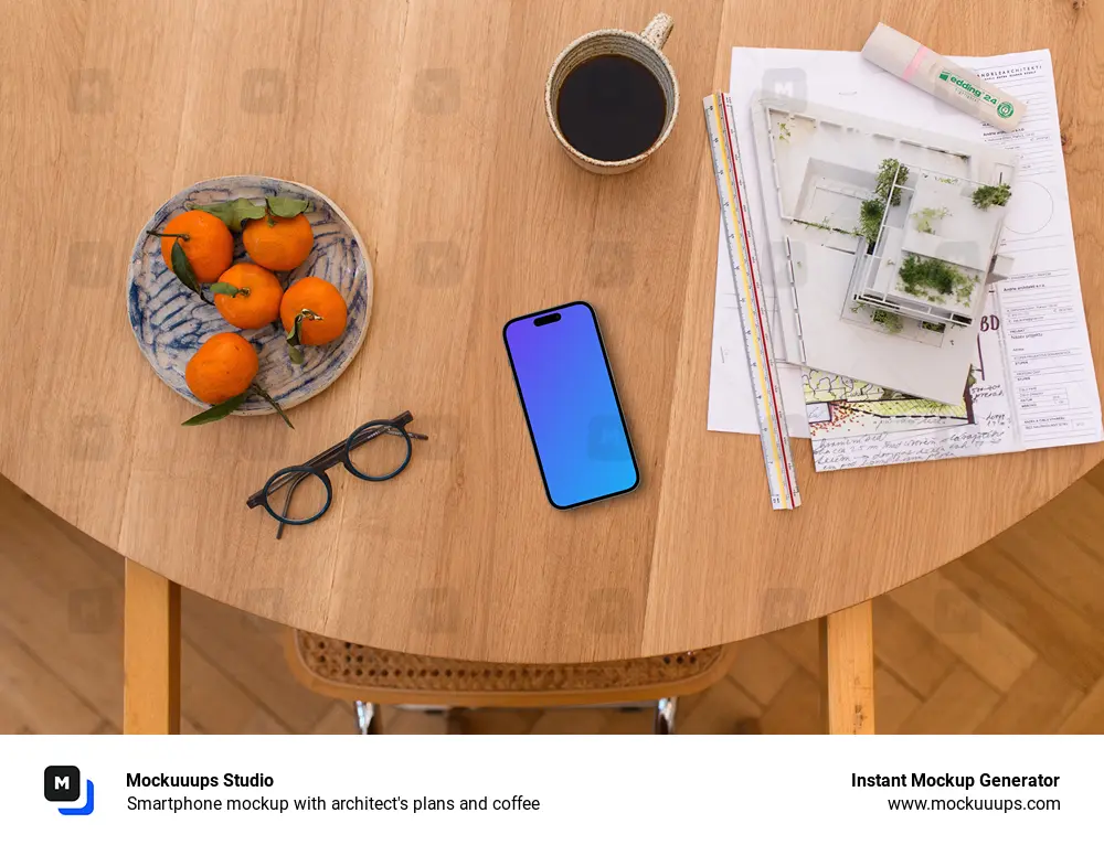 Smartphone mockup with architect's plans and coffee