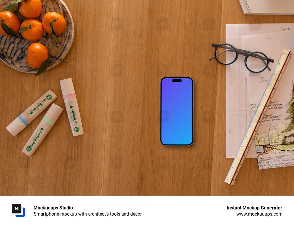 Smartphone mockup with architect's tools and decor