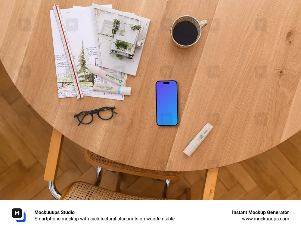 Smartphone mockup with architectural blueprints on wooden table