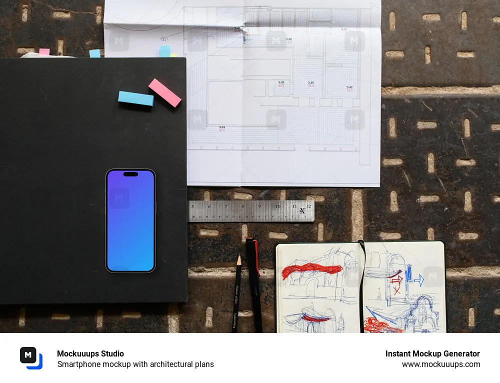 Smartphone mockup with architectural plans