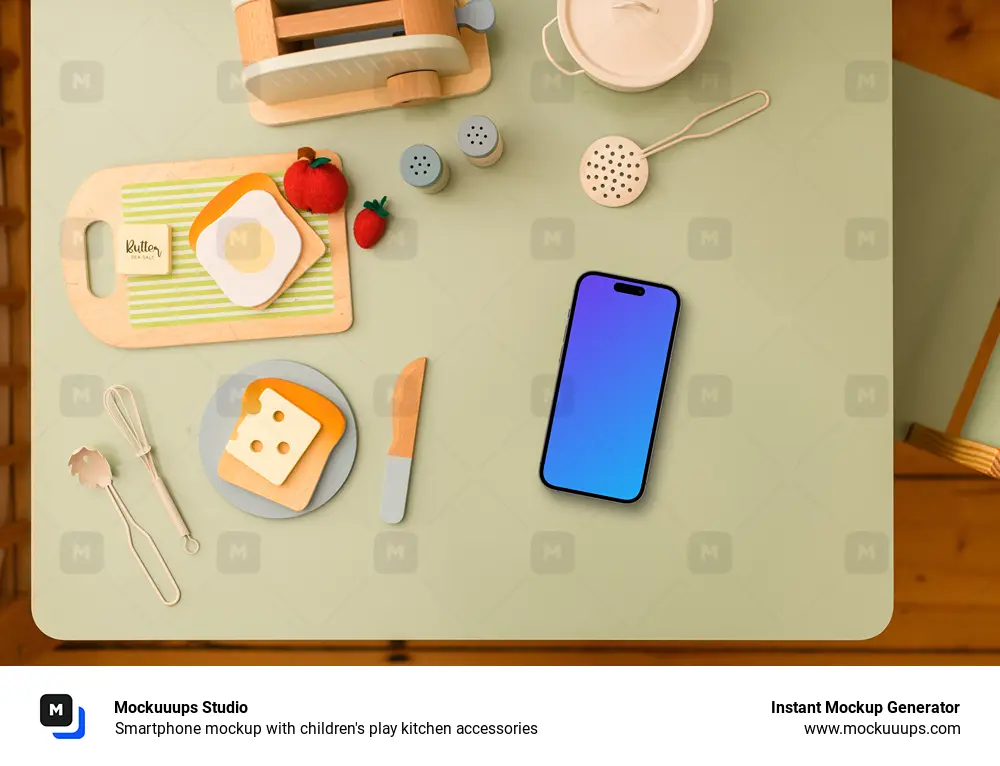 Smartphone mockup with children's play kitchen accessories