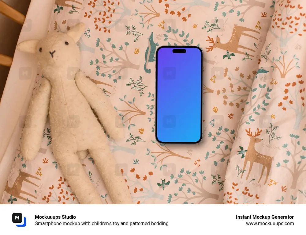 Smartphone mockup with children's toy and patterned bedding