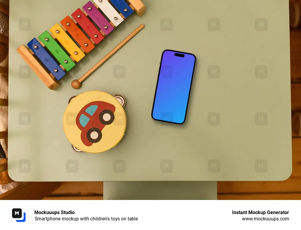 Smartphone mockup with children's toys on table