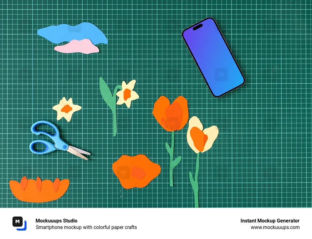 Smartphone mockup with colorful paper crafts