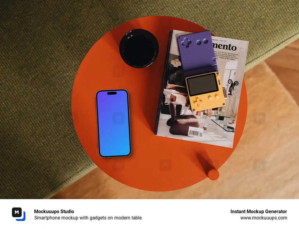 Smartphone mockup with gadgets on modern table