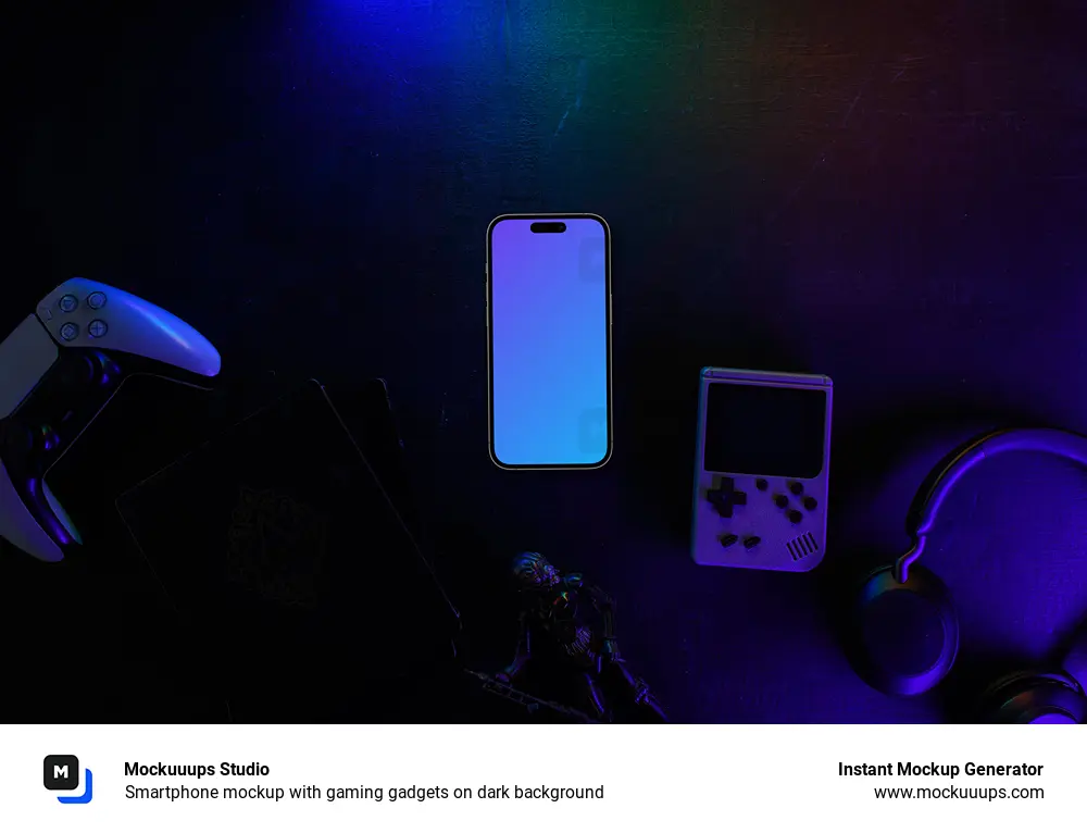 Smartphone mockup with gaming gadgets on dark background