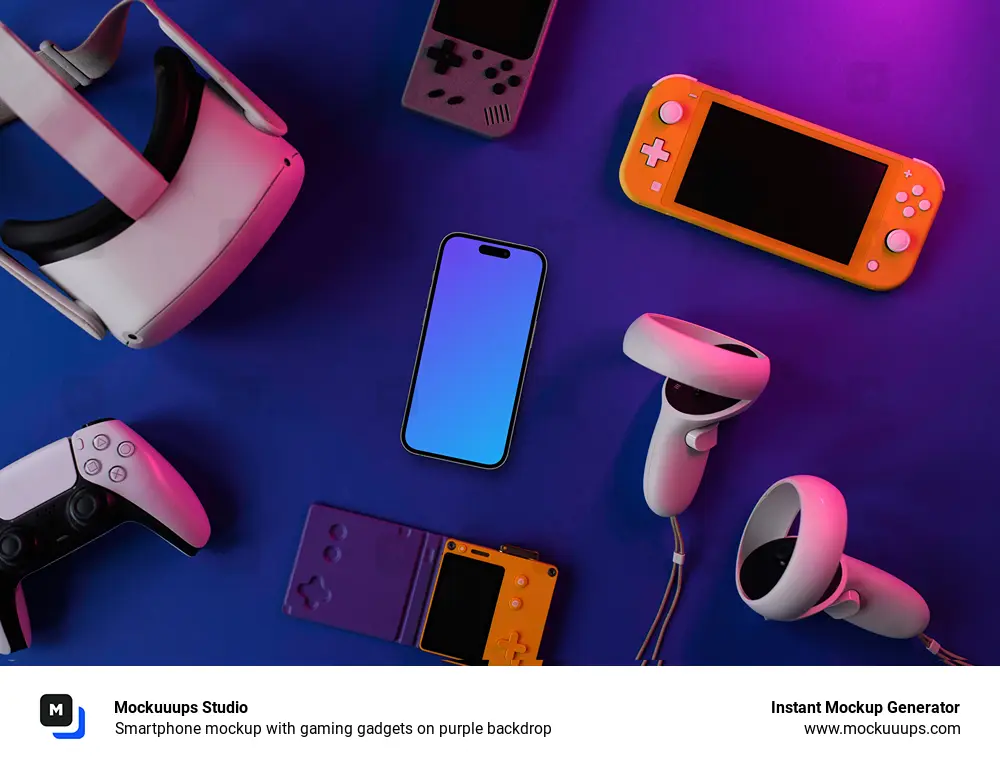 Smartphone mockup with gaming gadgets on purple backdrop