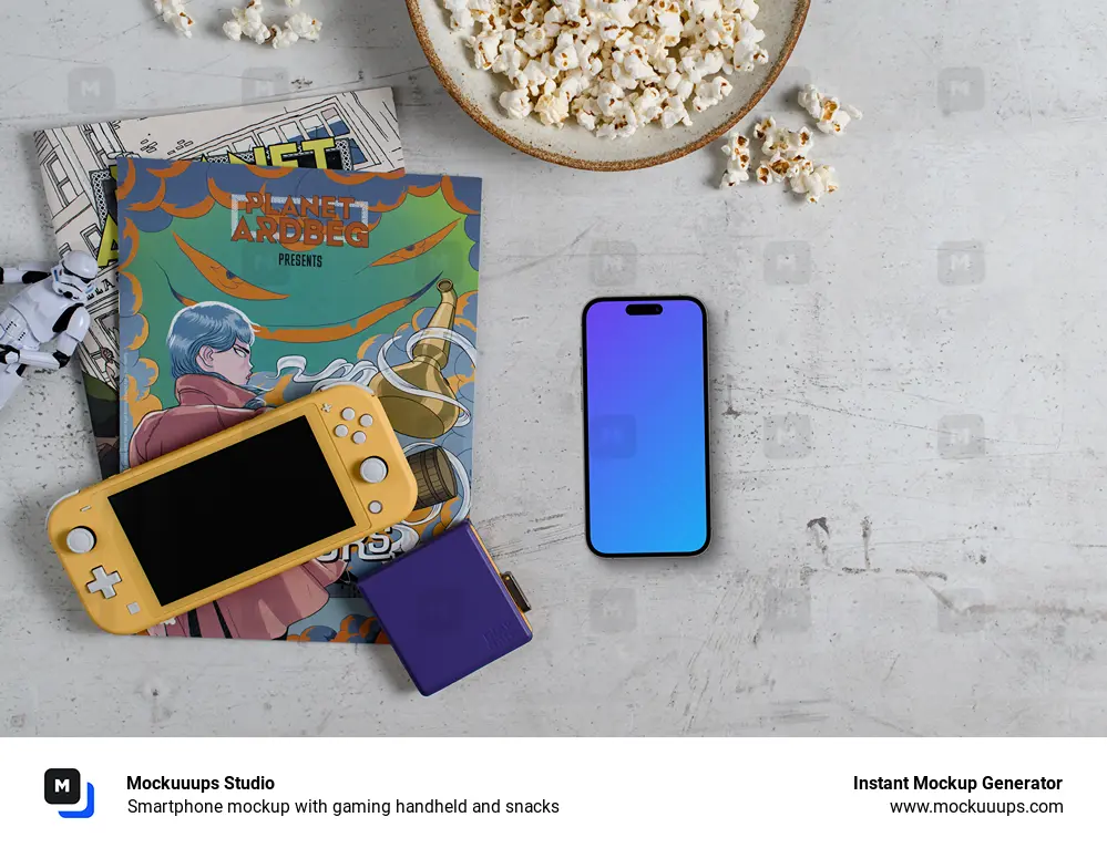 Smartphone mockup with gaming handheld and snacks