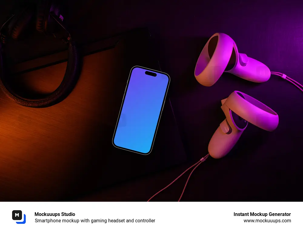 Smartphone mockup with gaming headset and controller