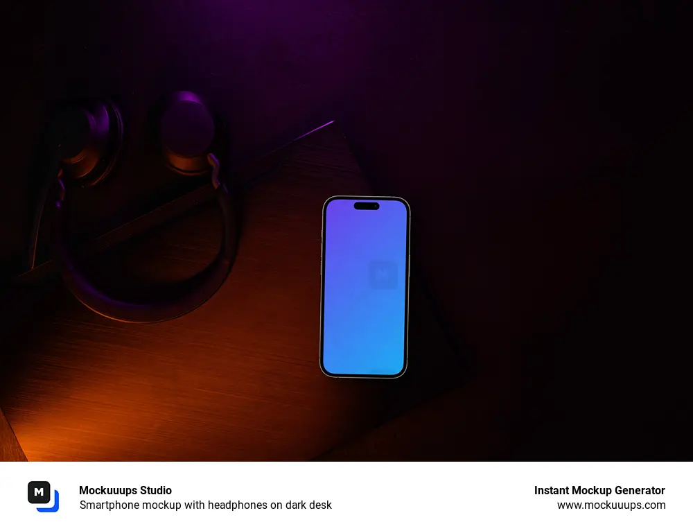 Smartphone mockup with headphones on dark desk