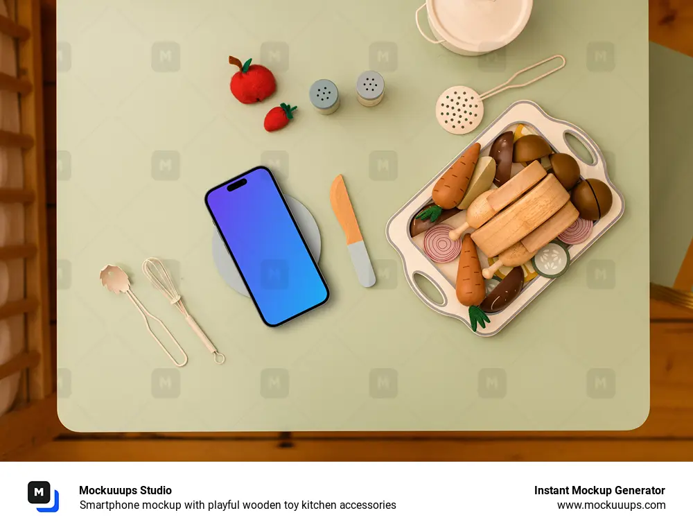 Smartphone mockup with playful wooden toy kitchen accessories