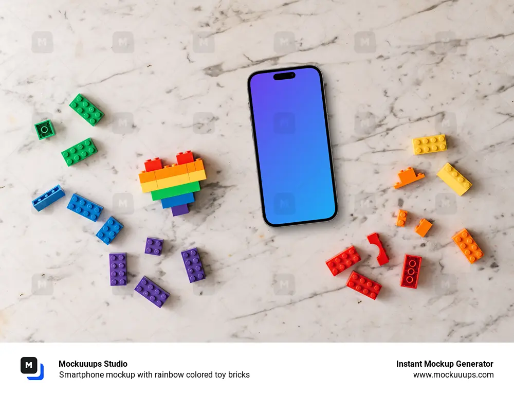 Smartphone mockup with rainbow colored toy bricks