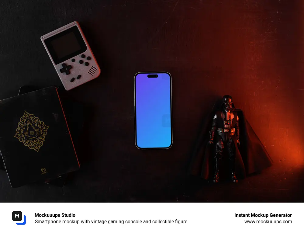 Smartphone mockup with vintage gaming console and collectible figure