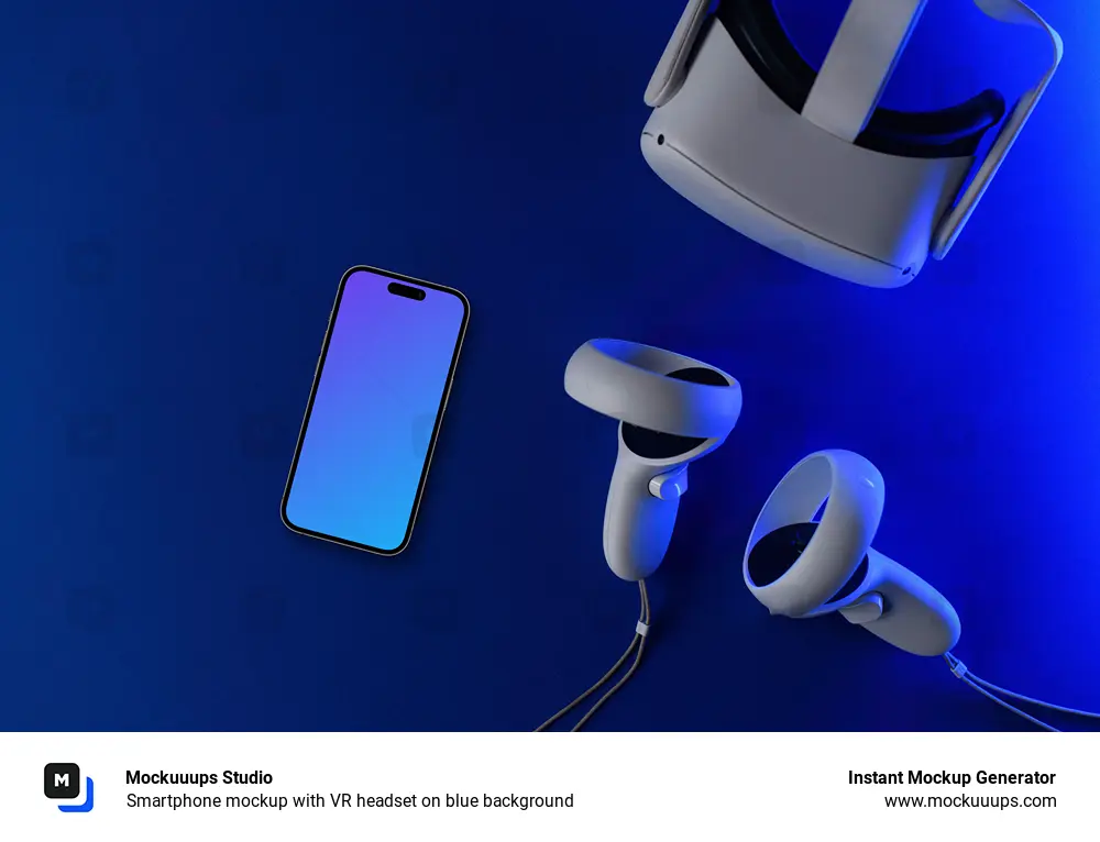 Smartphone mockup with VR headset on blue background