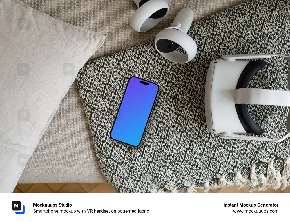 Smartphone mockup with VR headset on patterned fabric