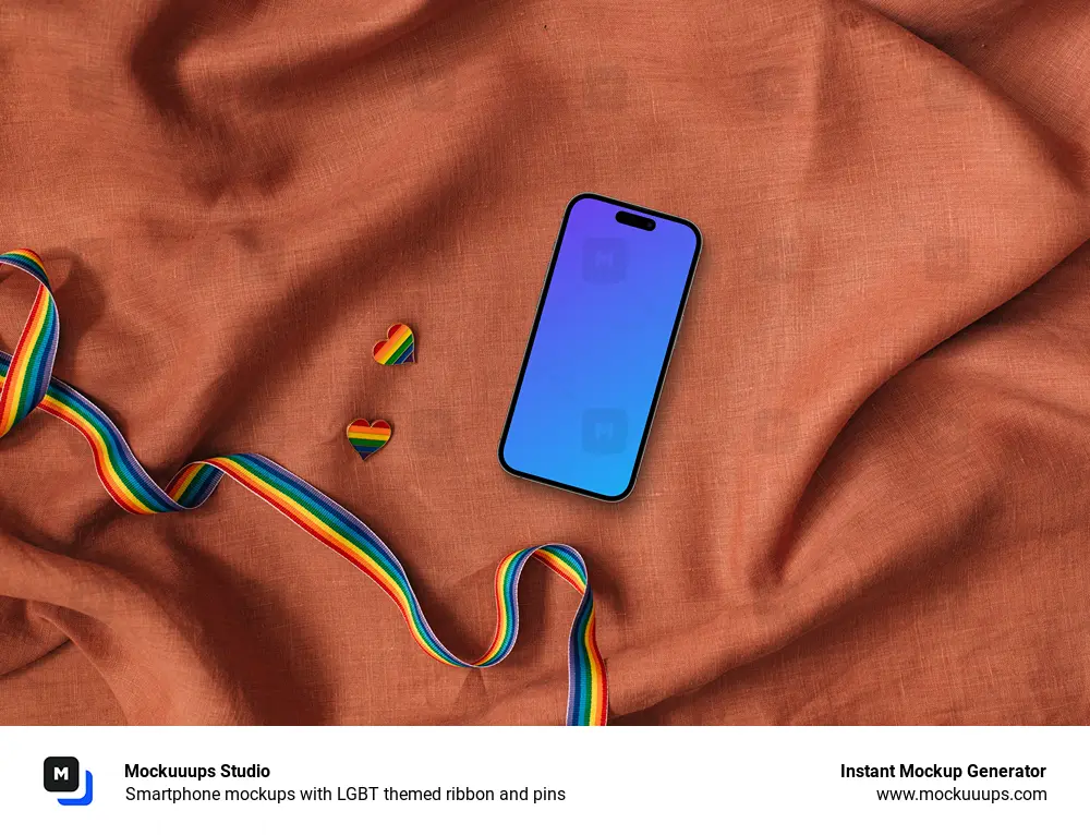 Smartphone mockups with LGBT themed ribbon and pins