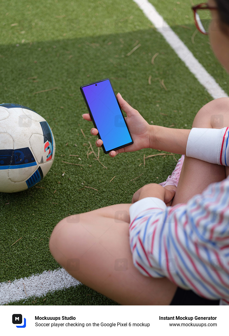 Soccer player checking on the Google Pixel 6 mockup