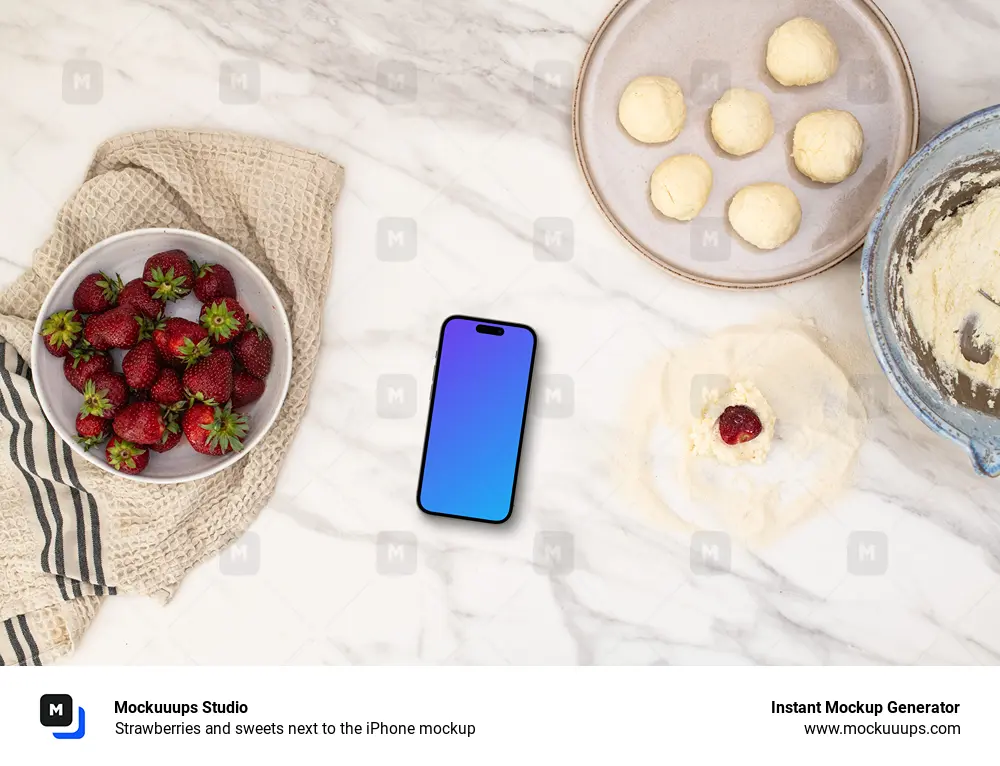 Strawberries and sweets next to the iPhone mockup