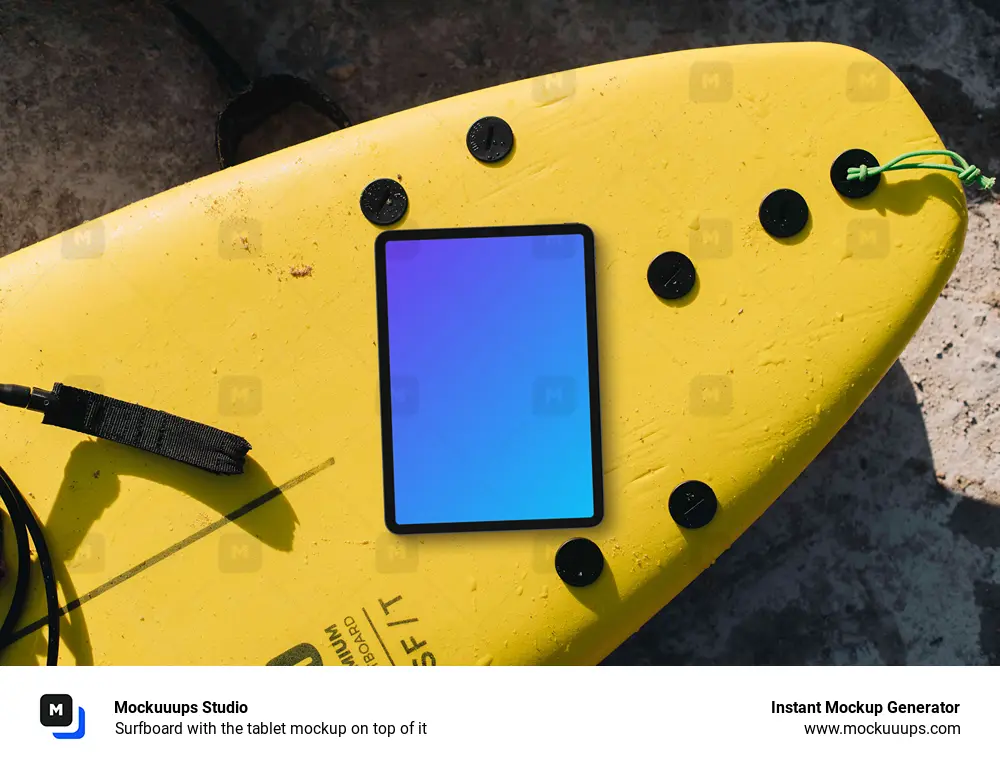 Surfboard with the tablet mockup on top of it