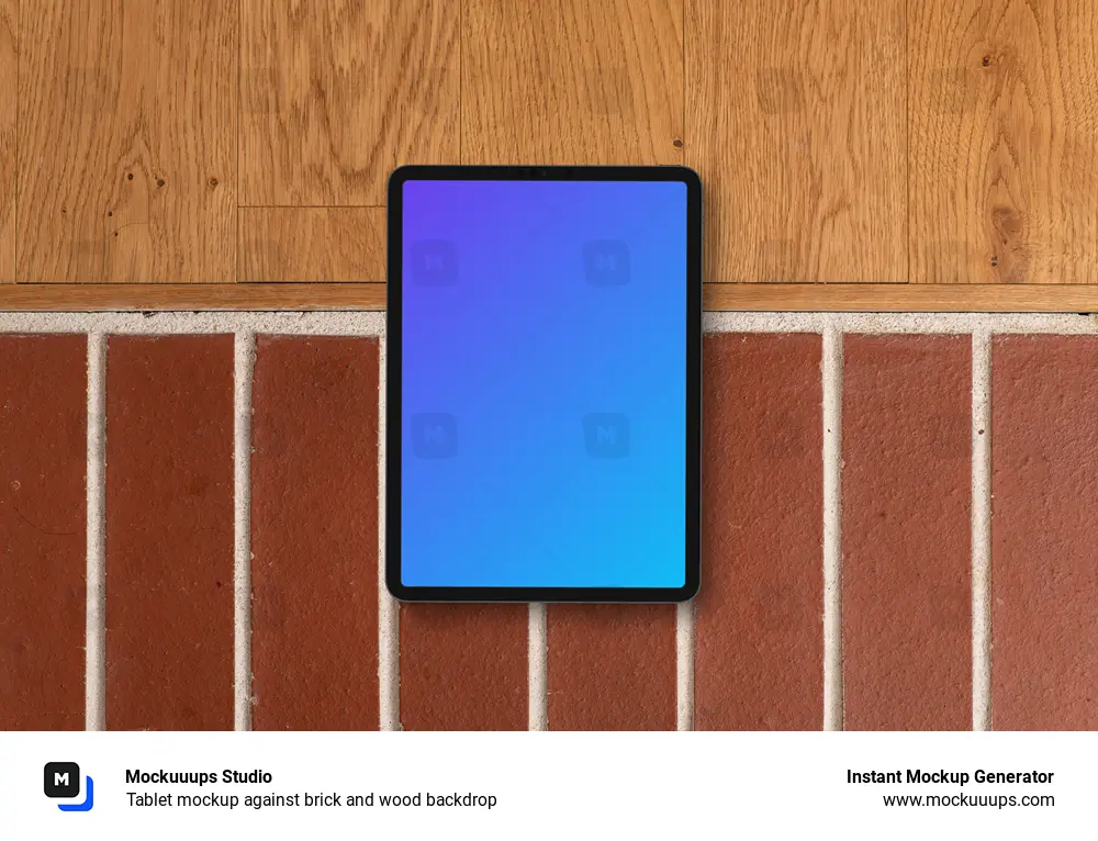 Tablet mockup against brick and wood backdrop