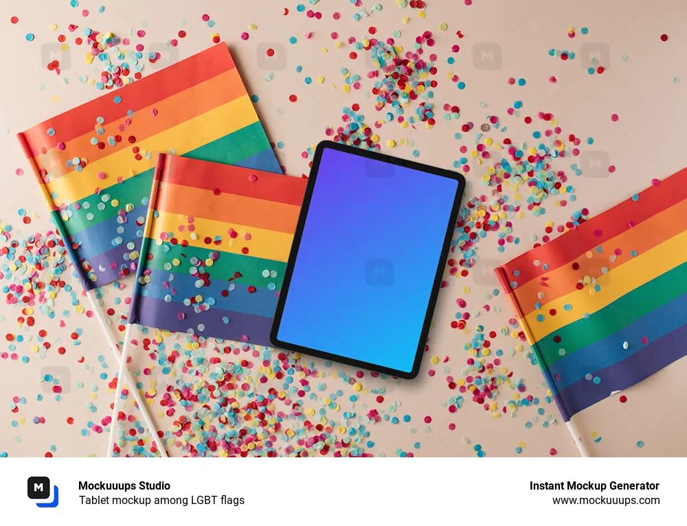 Tablet mockup among LGBT flags