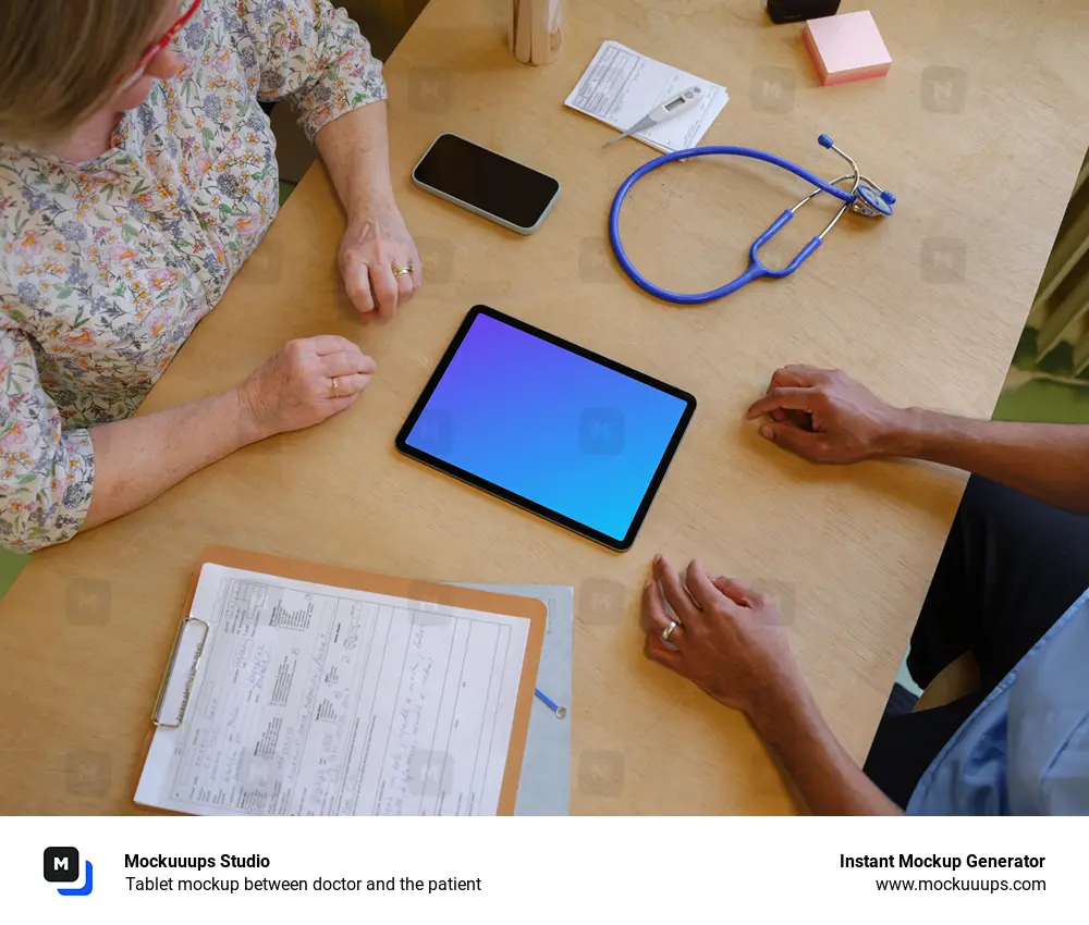 Tablet mockup between doctor and the patient