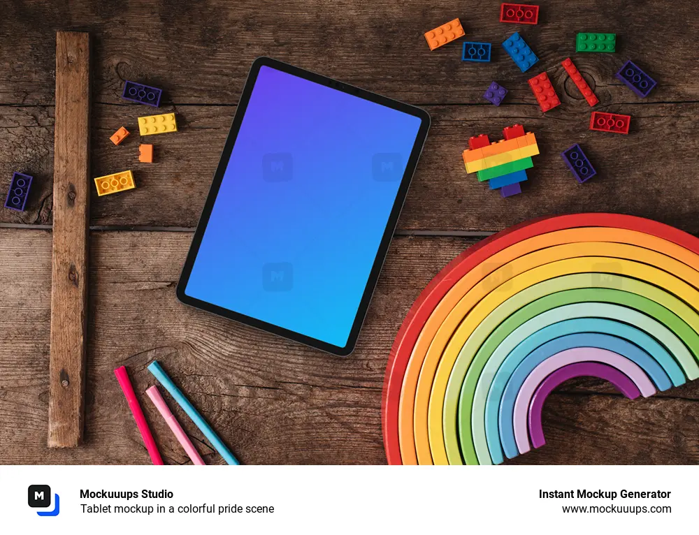 Tablet mockup in a colorful pride scene