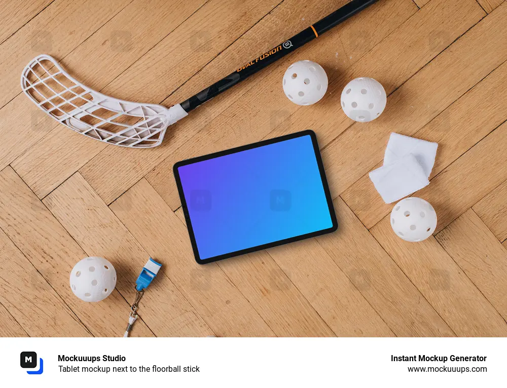 Tablet mockup next to the floorball stick