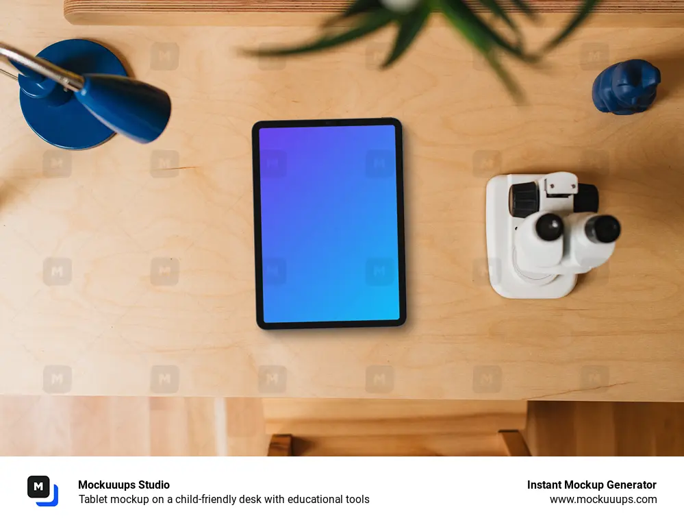 Tablet mockup on a child-friendly desk with educational tools