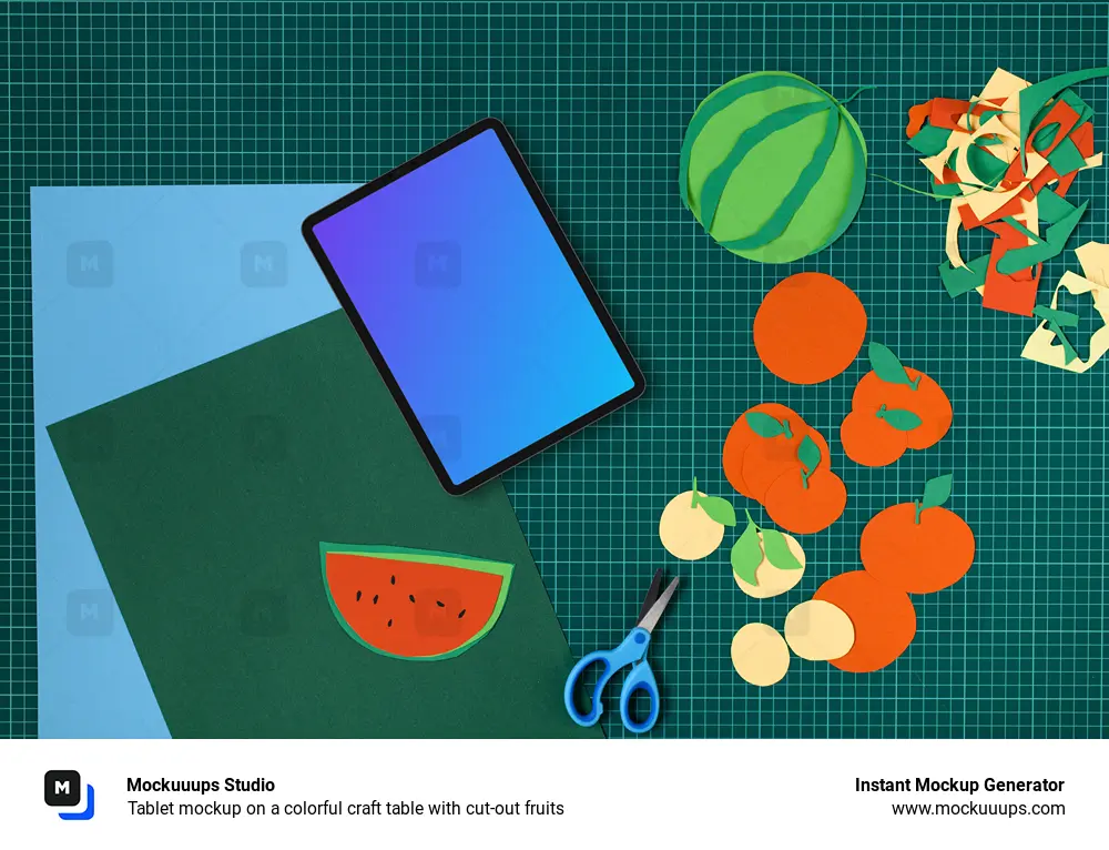 Tablet mockup on a colorful craft table with cut-out fruits