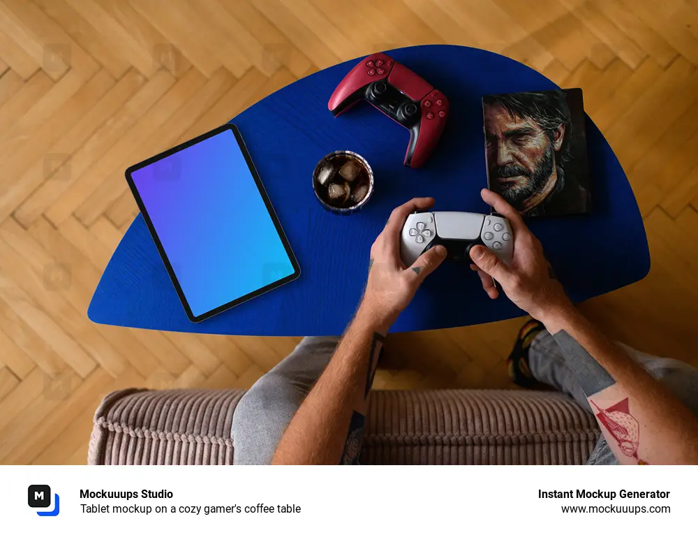Tablet mockup on a cozy gamer's coffee table