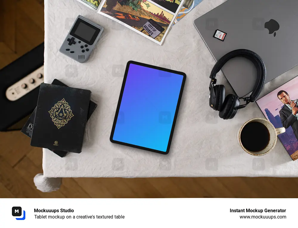 Tablet mockup on a creative's textured table