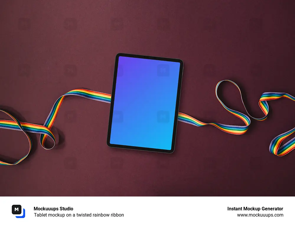 Tablet mockup on a twisted rainbow ribbon