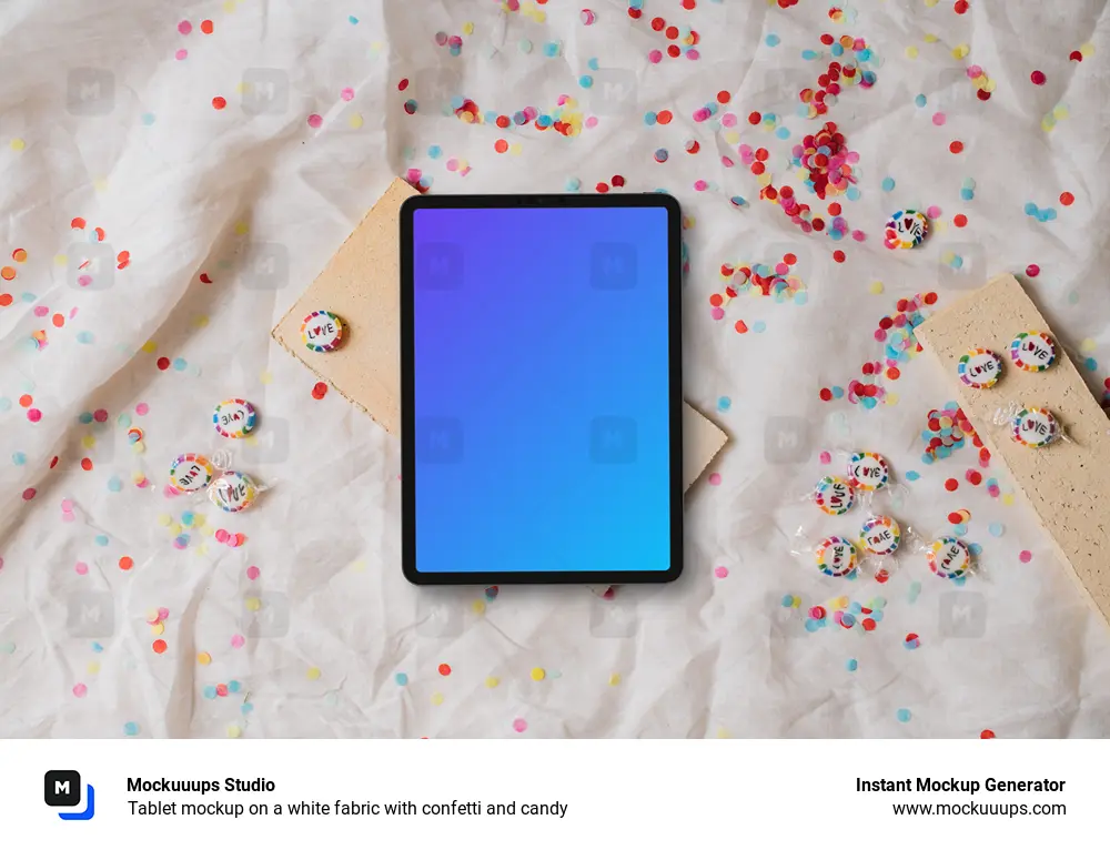 Tablet mockup on a white fabric with confetti and candy