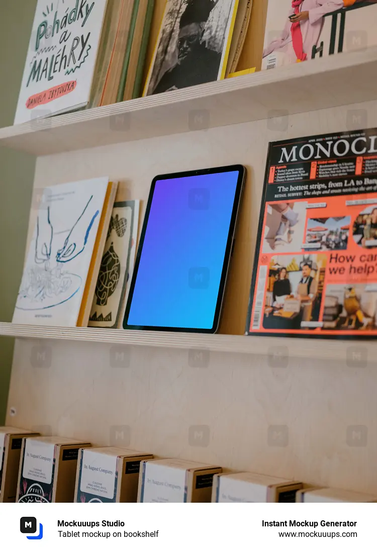 Tablet mockup on bookshelf