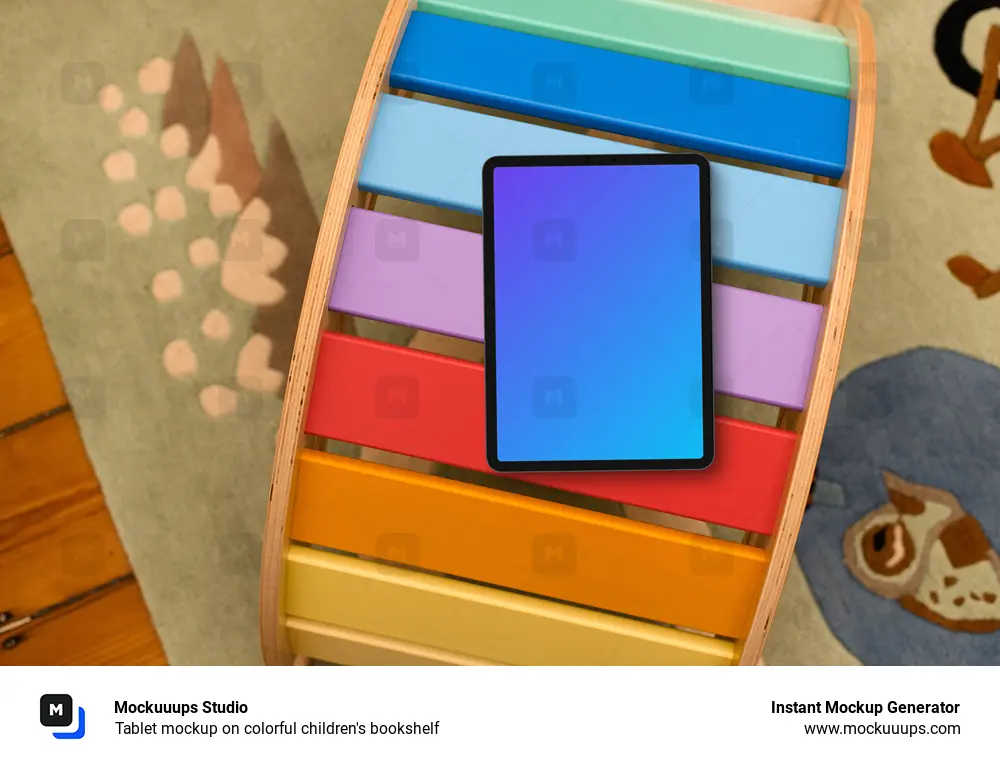 Tablet mockup on colorful children's bookshelf